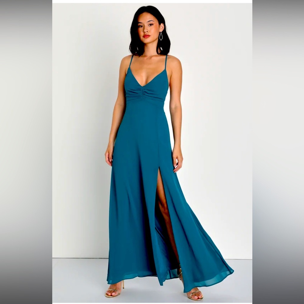 NWT Lulu’s Dark Teal Ruched Lace-Up Maxi Dress
